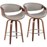 Symphony 26" Swivel Counter Stool in Walnut Wood & Grey Leatherette with Chrome Footrest (Set of 2)